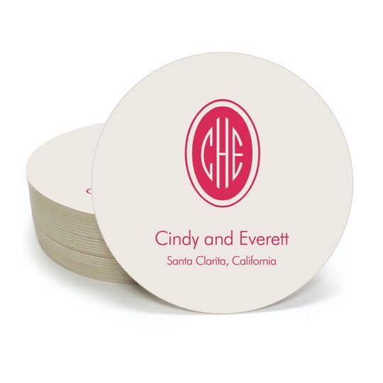 Outline Shaped Oval Monogram with Text Round Coasters